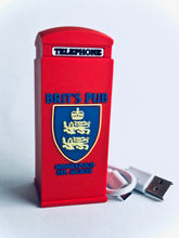 Red Telephone Booth Power Bank view of Brit's Pub Logo on back.